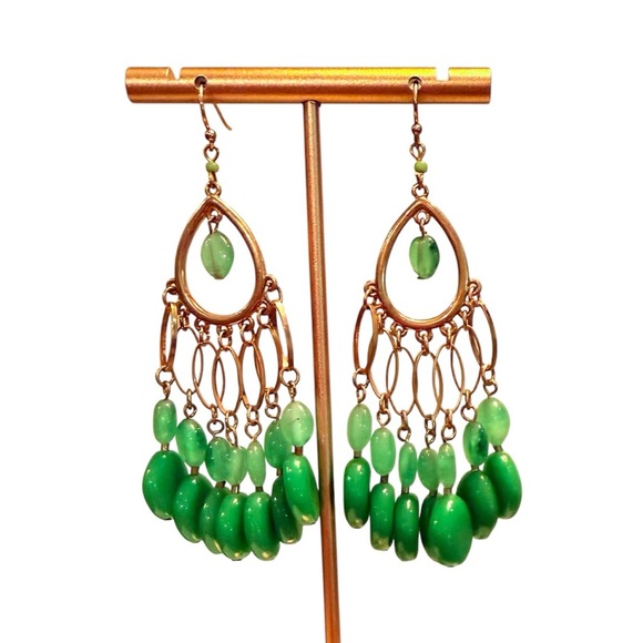 Vintage Y2K J. Crew Gold Emerald Green 3” Drop Chandelier Earrings - Picture 1 of 8